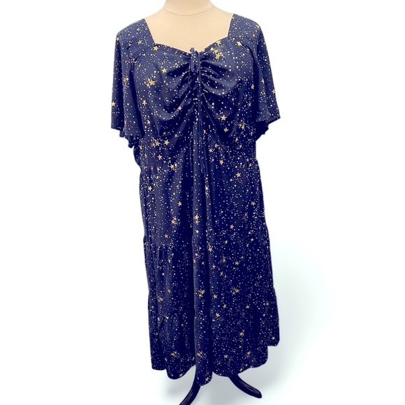 Bloomchic Navy and Gold Stars Flutter Sleeve Maxi Dress w Pockets Size 30 NWT - Picture 2 of 12